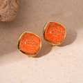 Detail of square orange resin earrings with vintage cracked texture and gold metal base - Rounded Square Crackle Resin Studs / Orange