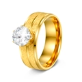 Polished gold stainless steel ring with frosted center and six-prong round zircon stone - US 6 / Gold