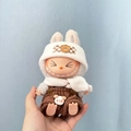 Labubu plush doll accessory wearing white and brown fuzzy clothes with a cozy scarf - Brown Plaid Bear-themed Set / First And Second Generation Keychains Are Compatible With La Cloth Dolls. Dolls Not Included.