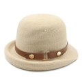 Close-up of beige knitted hat with brown leather band and golden H buckle detail - M (56-58cm) / Beige