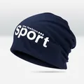 Men's navy blue slouchy beanie with fashion sport print in soft cotton knit - Sport Style / Navy Blue