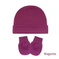 Magenta newborn baby kit featuring a cotton knit beanie hat and matching anti-scratch mittens - Purplish Red (2-Piece Set)