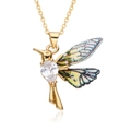 Exquisite gold hummingbird pendant necklace with pear-shaped zircon and colorful wings - Green Yellow Blue Gradient