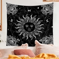 Tapiz de pared bohemio con sol y fases lunares en blanco y negro para dormitorio - 100*150cm / Patrón de Sol y Luna en Fondo Blanco