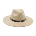 Beige faux suede wide brim fedora hat with star studded leather band accent - One Size / Beige (Belt Star Decor)