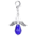 Detail of angel wing pendant featuring blue teardrop crystal and white pearl bead - Dark Blue