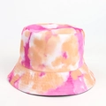 Detail of pink and orange tie-dye bucket hat with reinforced multi-row stitching on brim - Yellow Rose Red