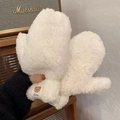 Plush cream white mittens with cute bear tag and convenient neck string for winter - White