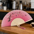 Pink gradient floral folding fan with butterfly pattern and carved bamboo ribs - Style 65 (New Style)