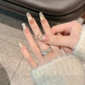 Winter snowflake press-on nails with golden glitter and floral silver ring set - Extra Small (XS) / 2591 Medium Coffin