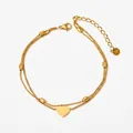 Bracelet double couche en acier doré avec petites perles cylindriques et pendentif cœur lisse - Bracelet Pendentif Coeur à Perles Double Couche (KSB090)