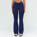 Dark blue high waisted flared yoga pants featuring a flattering V-shaped crossover waist design - S / Dark Navy Blue