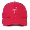 Close-up of pink flamingo embroidery on a vibrant red cotton baseball cap crown - Rose Red