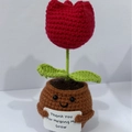 Handmade crochet red tulip in a smiling brown pot with a Thank You For Helping Me Grow card - Positive Potted-Plump Tulip Red
