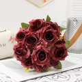 Artificial deep red rose bouquet for home decor with realistic velvet petals and green leaves - Burgundy