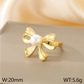 Golden stainless steel bow ring with white pearl detail, 20mm width and 5.6g weight - US 6 / Pearl Decorated Style Gold (KR110710-KFC)