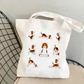 White canvas tote bag featuring eight playful yoga beagle illustrations and dual handles - C17 Beagle Yoga Poses