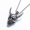 Vintage silver stainless steel Hannya mask pendant with skull details on link chain - Hannya Mask