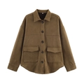 Chaqueta de ante sintético marrón para mujer con botones y bolsillos de solapa minimalista - XS / Marrón