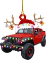 Acrylic red Jeep truck Christmas tree ornament with antlers and festive lights - Red Off-road Vehicle