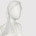 Close-up of elegant white mesh fishnet headpiece with pearls on a mannequin head - White with White Rhinestones