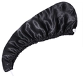 Absorbent black satin hair drying cap with elastic edge and white button closure - Standard / Black