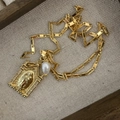Gold Virgin Mary pendant necklace with colorful zircons and a white pearl charm - Rectangular Virgin Mary (20221206SKXL-2)