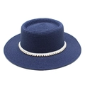 Detailed view of navy blue boater sun hat with elegant pearl band and woven texture - M (56-58cm) / Navy Blue