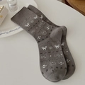 Deep grey Fair Isle crew socks with white reindeer and snowflake patterns for women - One Size / Smoke