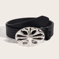 Cintura in pelle nera retrò con fibbia in argento decorata con strass e croce - Nero