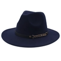 Detail of navy blue wool fedora hat featuring a black leather band and gold metal chain - M (56-58cm) / Navy Blue