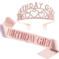 Detailed macro view of rose gold rhinestone birthday crown and glitter sash set - Champagne Gold Set