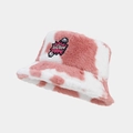 Close-up view of a pink and white cow print plush bucket hat with 'WOW' embroidery patch detail - M (56-58cm) / WOW! Style / Pink Cow Print