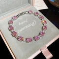 Detail of pink zircon and silver tennis bracelet with folding clasp in a jewelry box - Round Style (81#) / Silver-Pink
