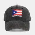 Detailed embroidery of Puerto Rico flag and text on a washed black cotton baseball cap - Adjustable / Puerto Rico Flag
