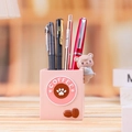 Pink resin pencil holder with cute bear figurine and coffee theme relief design - Pink Bear Pen Holder (1065-7A Bear)