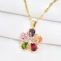 Floral necklace featuring multi-colored pear-cut zircons in a gold-plated flower pendant - Multi-color Zirconia Flower Necklace / Gold