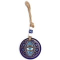 Close-up of blue glass Evil Eye pendant with golden decorative patterns and rope beads - Golden Mandala Style (BE1688BU10)