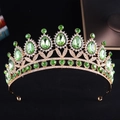 Macro detail of gold bridal crown featuring teardrop green crystals and sparkling rhinestones - KC Gold With Light Green