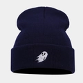 Close-up of ghost embroidery on dark blue knitted beanie with ribbed texture - Navy Blue
