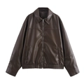 Retro dark brown faux leather bomber jacket with shirt collar and metal zipper detail - XS / Dark Brown