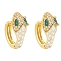 Snake hoop earrings in 14k gold plating with green stones and white enamel detail - White