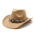 Khaki wool felt cowboy hat with turquoise beaded band and vintage metal buckle - M (56-58cm) / Camel