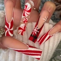 Uñas postizas navideñas rojas con purpurina y diseños de bastón de caramelo y nieve - Tipo de Pegamento