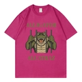 Magenta crew neck t-shirt with Alligator Alcatraz print in soft cotton flat lay - Rose Red