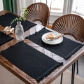 Handwoven black cotton table runner with fringe tassels on a vintage wooden dining table - Black Union Jack Style Placemat