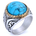 Macro view of vintage silver ring featuring blue turquoise stone and golden rope edge - US 7 / Two-Tone Gold + Blue Turquoise