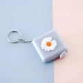 Mini light blue square tape measure with white daisy flower charm and metal keychain - White Daisy