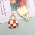 Enamel checkered handbag pendant in red and white with gold finish alloy textures - 1pc Red White Woman Wallet
