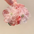 Pink mesh flower hair clip with delicate beads and green leaves on a soft beige background - Pink Flower (15#)
